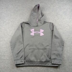 Under Armour Hoodie Youth Medium 10-12 Gray Pink Logo Fleece Pullover Sweatshirt